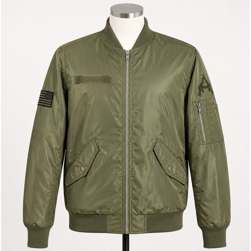 Army Performance Men’s Medium Olive Green Military Bomber Jacket Flag Patches